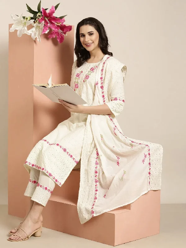 Women Straight Cream Floral Kurta and Trousers Set Comes With Dupatta-DF-3158-Cream