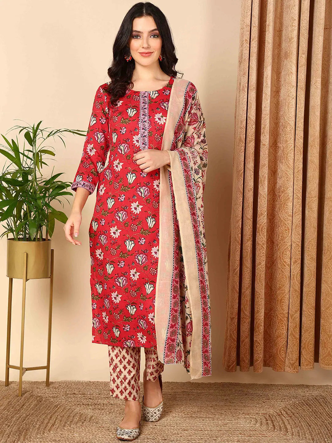 Ahika Women Red Cotton Blend Floral Printed Straight Kurta Trouser With Dupatta