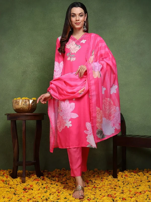 Ahika Women Pink Cotton Blend Floral Printed Straight Kurta Trouser With Dupatta-PKSKD2514PNK_XS