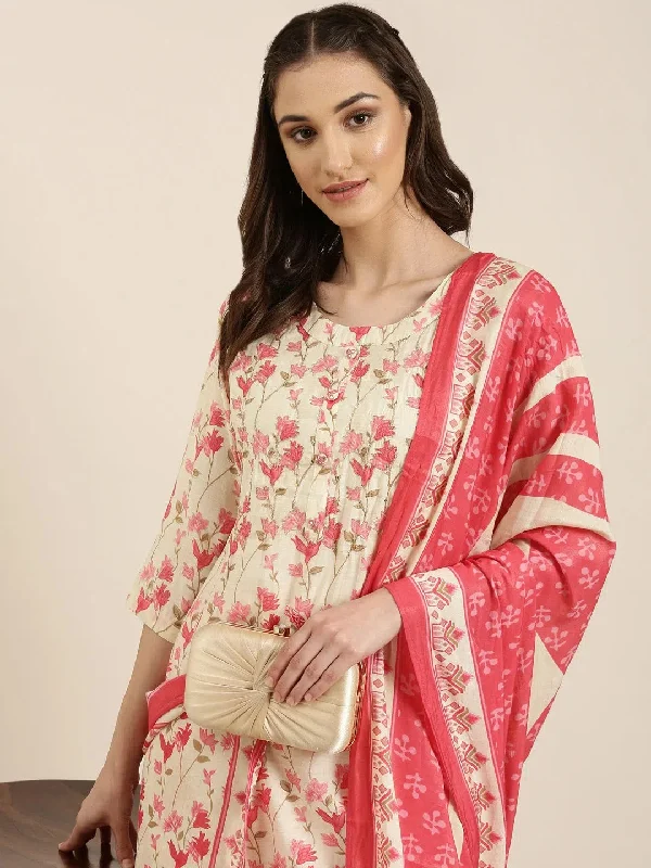 Women Cream Floral Kurta Set-AT-A1011-KPD-Cream