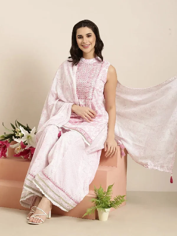 Women Straight Pink Floral Kurti and Palazzos Set Comes With Dupatta-TF-160-Pink