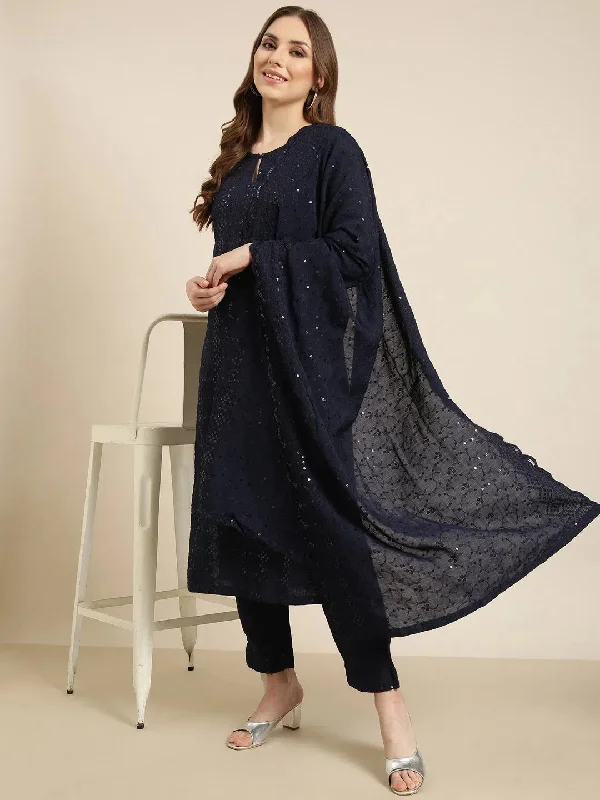 Women Straight Navy Blue Solid Kurta and Trousers Set Comes With Dupatta-AT-A1384-KPD-Navyblue