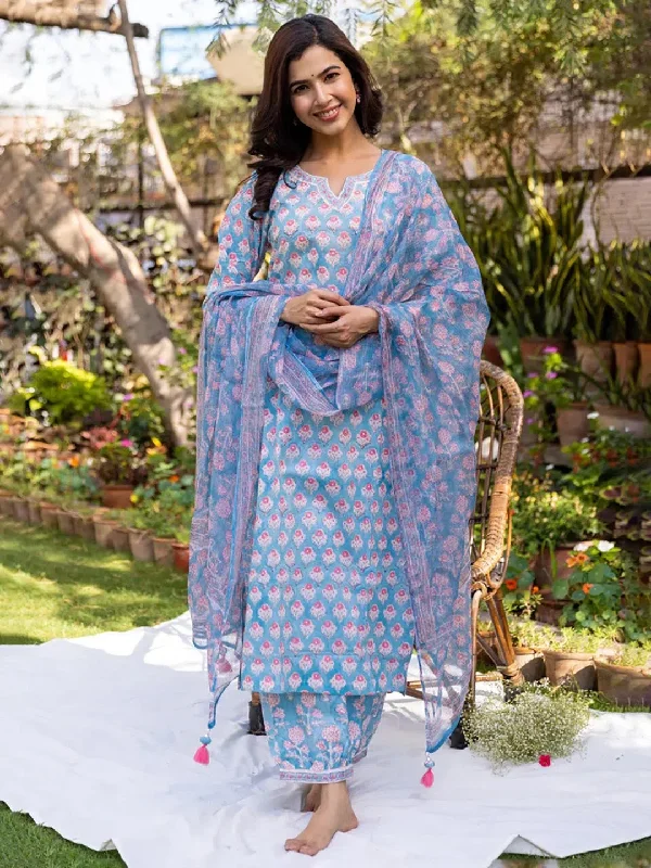 Ahika Women Blue Viscose Rayon Floral Printed Straight Kurta Salwar With Dupatta-VKSKD2225BLU