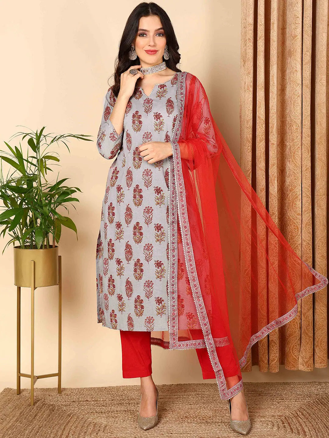 Ahika Women Grey Pure Cotton Floral Printed Straight Kurta Trouser With Dupatta