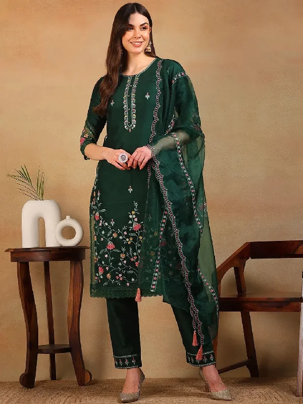 Ahika Women Olive Silk Blend Embroidered Straight Kurta Pant Set With Dupatta-PKSKD2302_S