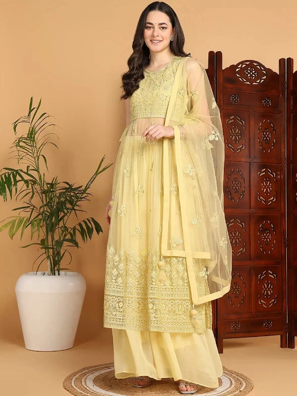 Ahika Women Yellow Net Embroidered Straight Kurta Sharara Set With Dupatta