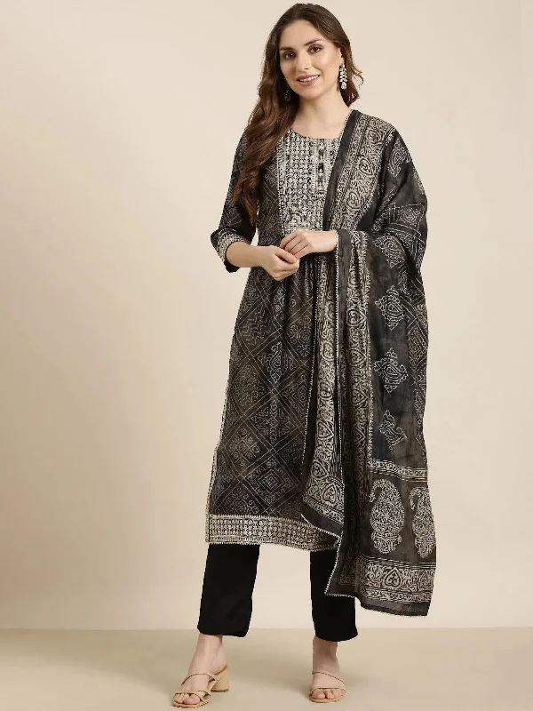 Women A-Line Black Bandhani Kurta and Trousers Set Comes With Dupatta-TF-MS-182-Black