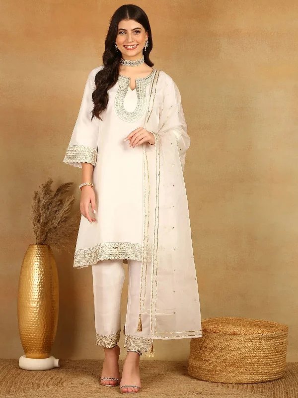 Ahika Women White Silk Blend Solid Embroidered A-Line Kurta Trouser With Dupatta-PKSKD2522WHT