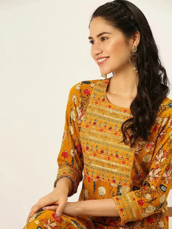 Women's Yellow Printed Kurta Sets-GW-2405-Mustard