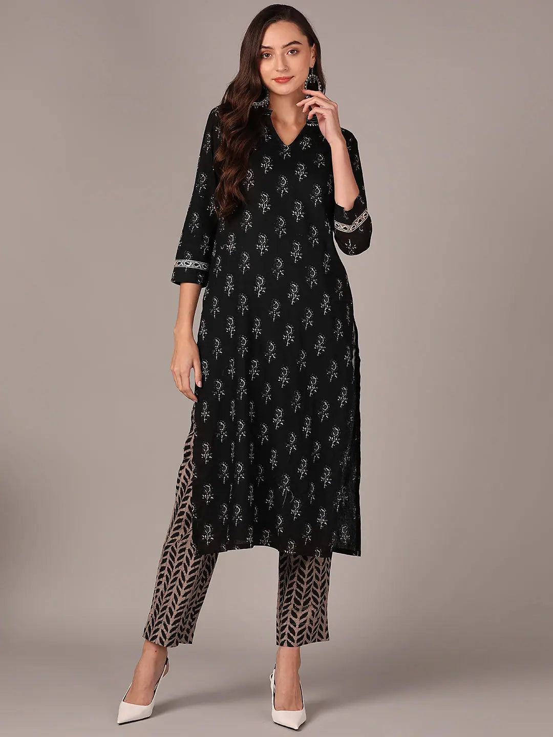 Ahika Women Black Cotton Blend Ethnic Motifs Printed Straight Kurta With Trouser-VKSET1394B_XS