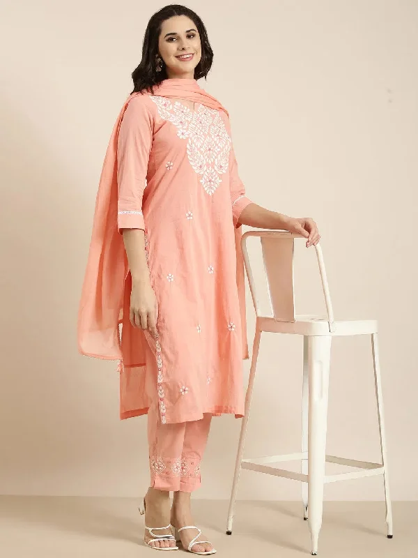 Women Straight Peach Solid Kurta and Trousers Set Comes With Dupatta-AT-KPD-1619-Peach