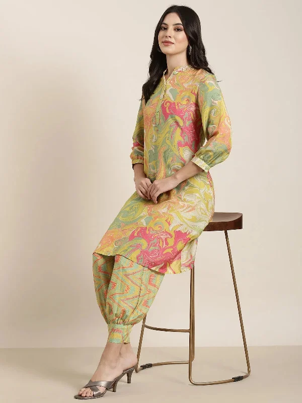 Women A-Line Green Abstract Kurta and Patiala Set-DW-5675-Green