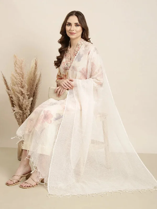 Women Straight Off White Floral Kurta and Trousers Set Comes With Dupatta-RJF-042-Offwhite