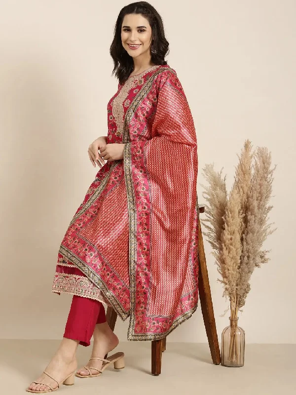 Women Straight Pink Floral Kurta and Trousers Set Comes With Dupatta-GW-4611-Pink