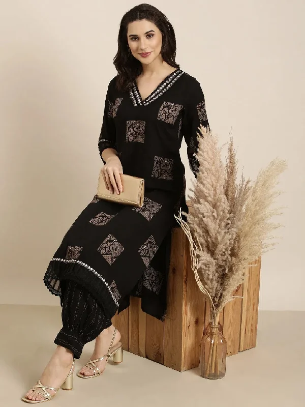 Women Straight Black Ethnic Motifs Kurta and Patiala Set-GW-4623-Black