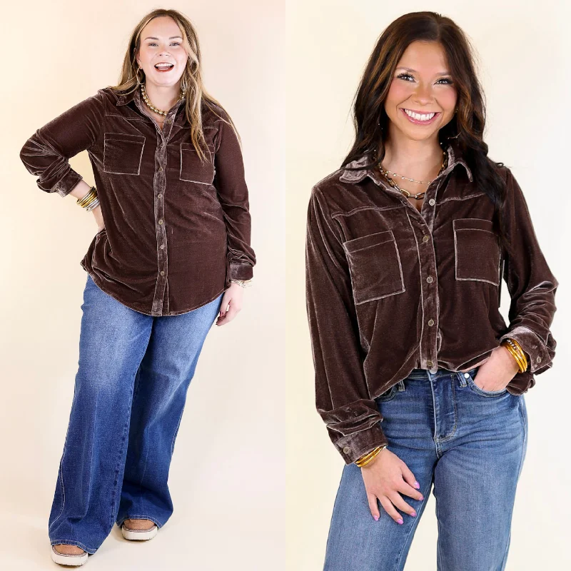 Candy Apple Evening Button Up Velvet Long Sleeve Blouse in Almond Brown