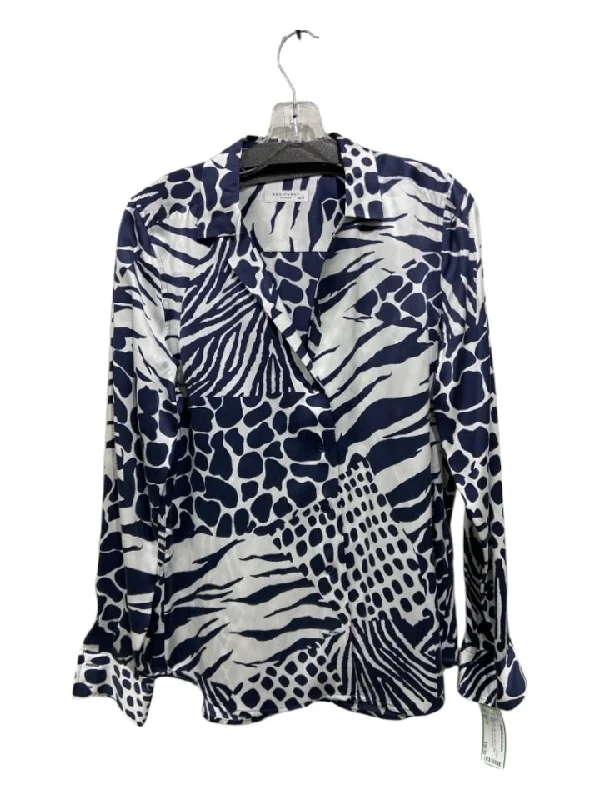 Equipment Size XS White & Blue Silk Long Sleeve Tiger Giraffe Print Top