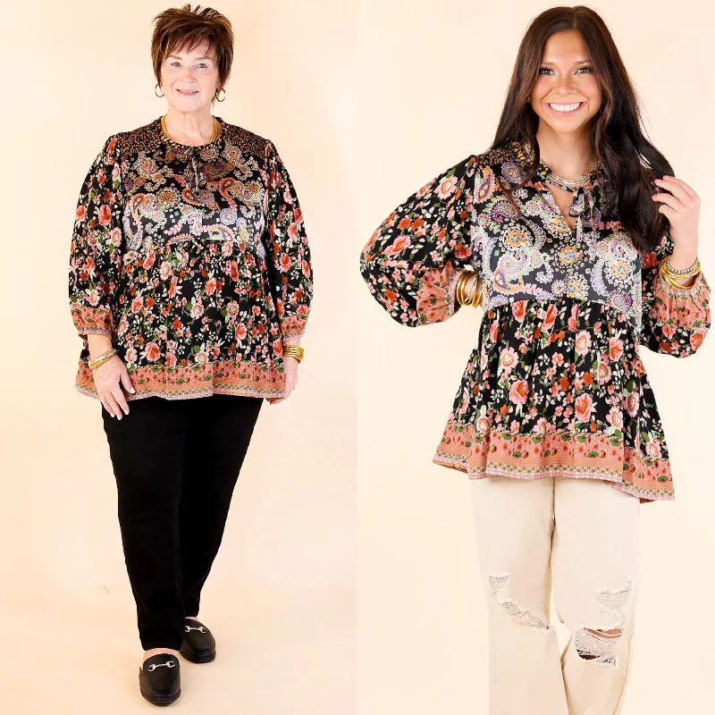 Floral Fusion Long Sleeve Floral Print Top in Black