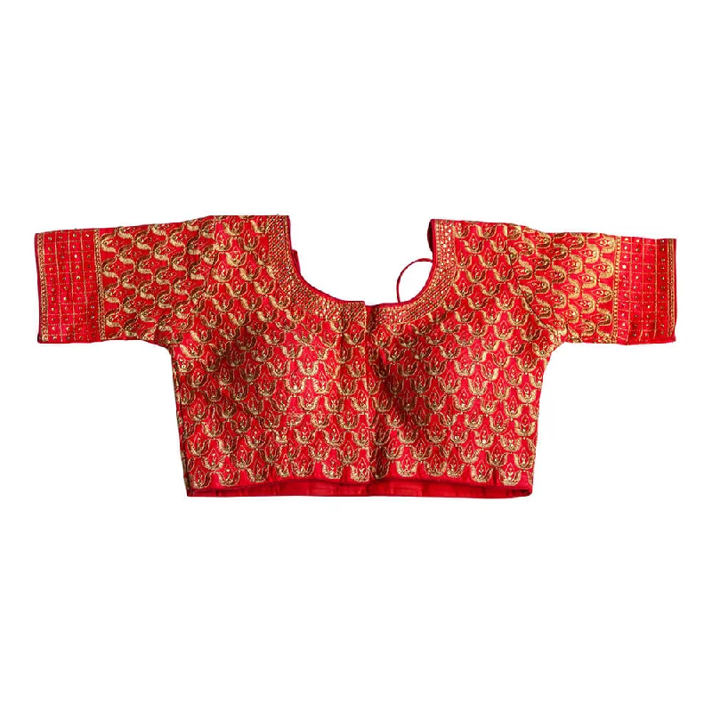 Front and Back Embroidered Long Sleeve Saree Blouse - Red