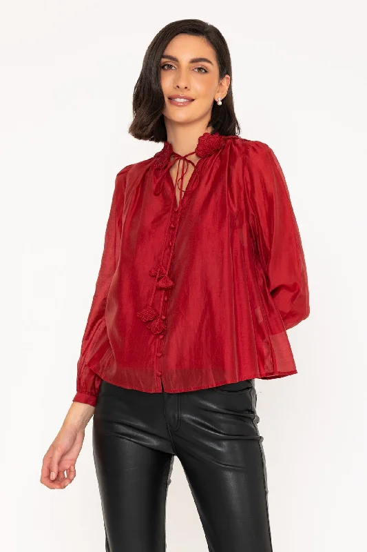 Long Sleeve Burgundy Blouse with Neckline Flower Detailing