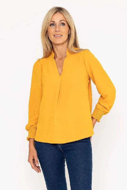 Long Sleeve Collarless Top in Mustard Yellow