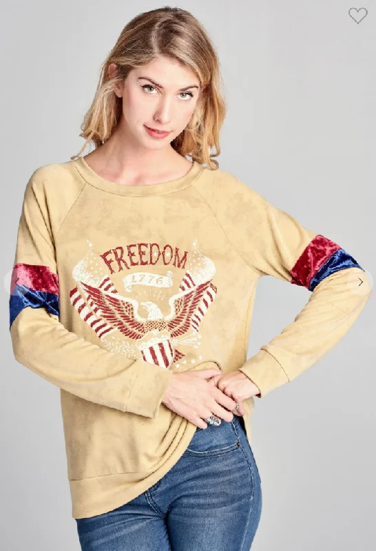 Long Sleeve Eagle Graphic Top with Velvet Stripes