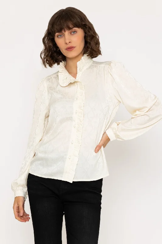 Long Sleeve Jacquard Satin Blouse in Ivory