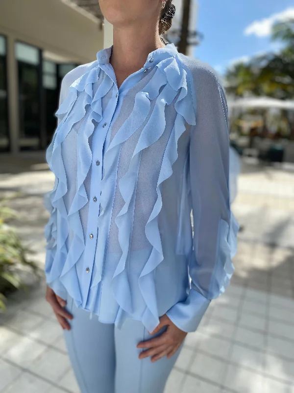 Marc Cain Blouse 320 Sheer Light Blue Long Sleeve