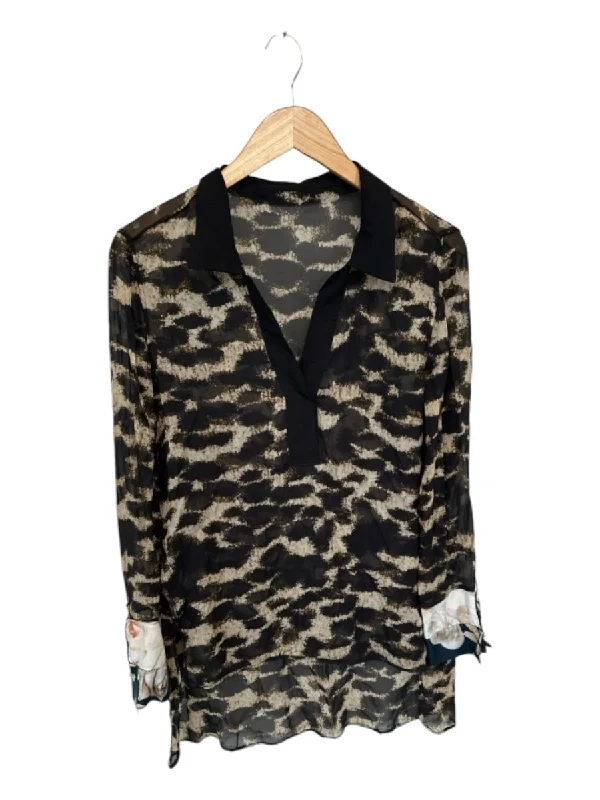 Pianurastudio Size 42 Black & Tan Silk Long Sleeve Animal Print Button Down Top