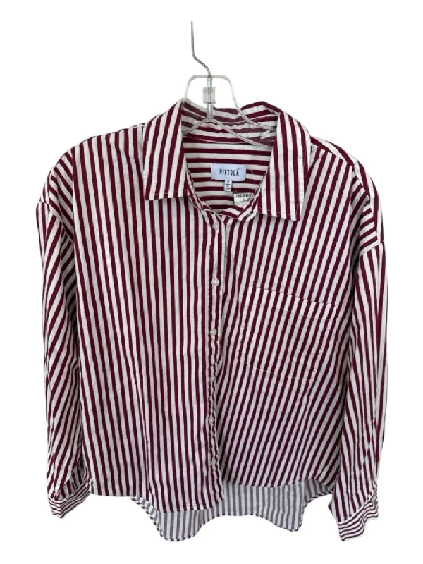 Pistola Size S Maroon & White Cotton Long Sleeve Striped Button Down Top