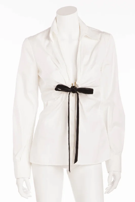 Roberto Cavalli - White Collared Long Sleeve Button Up with Black Velvet Bow - IT 40