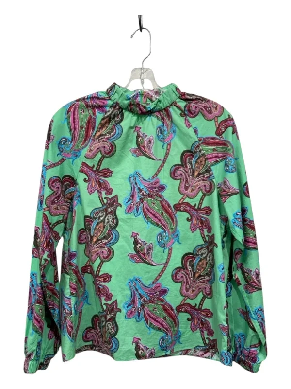 Tibi Size XS Mint & Multi Cotton Long Sleeve Paisley Mock Neck Elastic Cuff Top