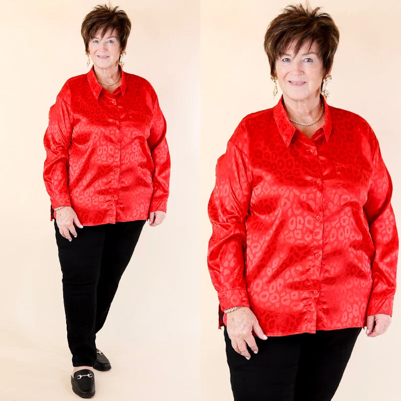 Top It Off Long Sleeve Button Up Satin Leopard Top in Red