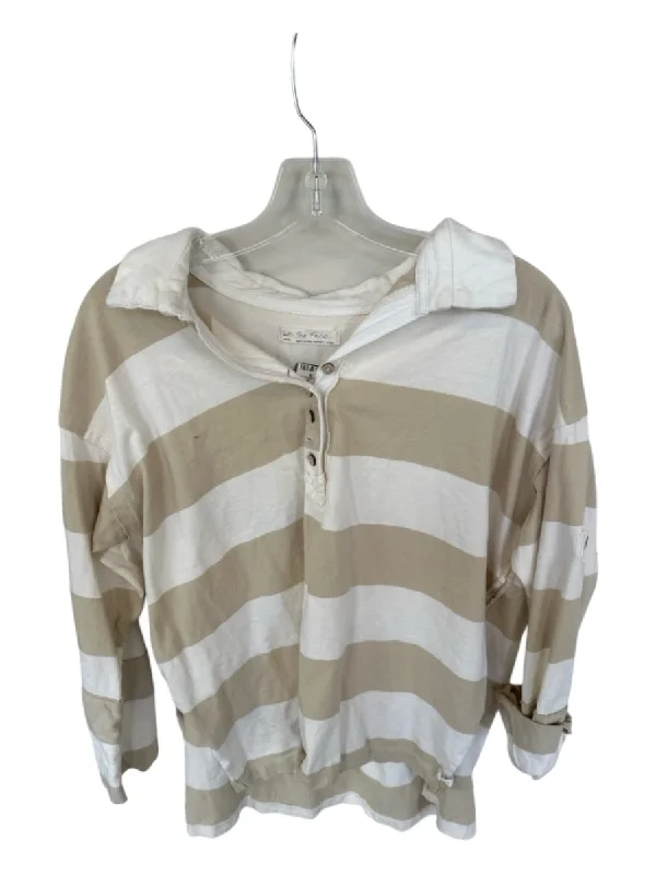 We The Free Size S white & tan Cotton Long Sleeve Striped Collar Buttons Top