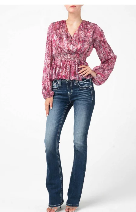 Women's Long Sleeve Chiffon Ruffle Print Top