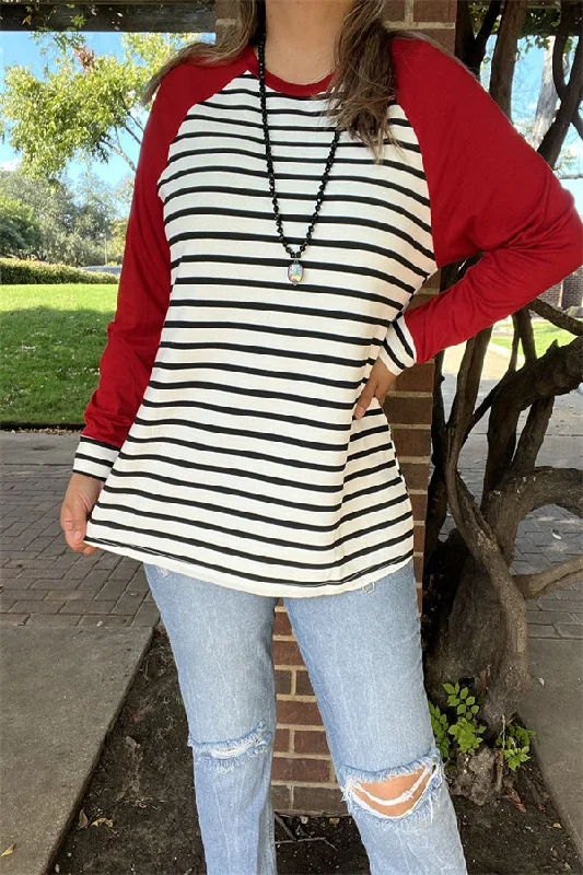 BQ15480 Black/white stripe printed solid red long sleeve women top w/raglan design