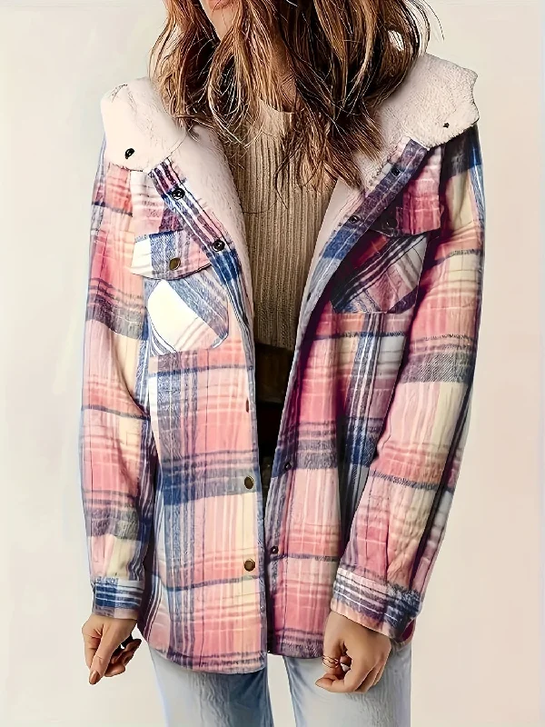 Plaid Snap Down Long Sleeve Hooded Shacket