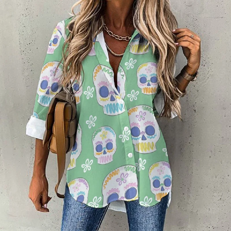 Women's Green Sugar Skulls Long Sleeve Blouse