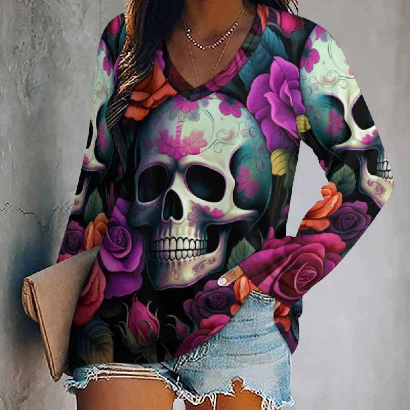 Women's ?? Skull Floral Long Sleeve Loose Top