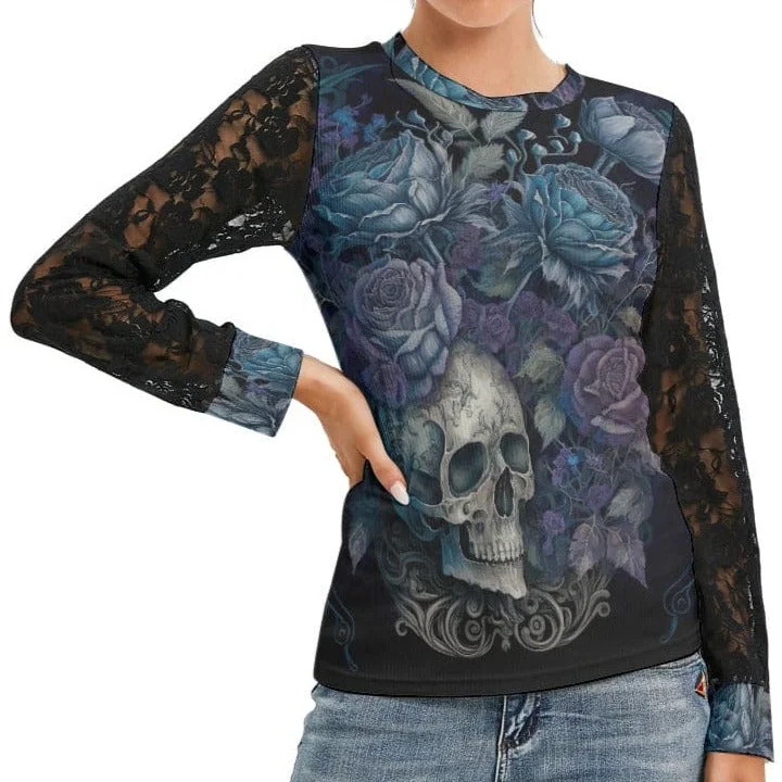 Women's Skull With Blue Floral Long Sleeve With Black Lace