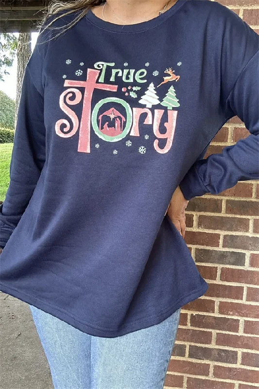 XCH15762 "True story"words printed Christmas holiday graphic long sleeve women black tops