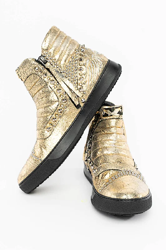 MENS MID TOP BIKER SHOES IN CRACKLED GOLD LEATHER WITH CRYSTALS AND STUDS  EMBELLISHMENT