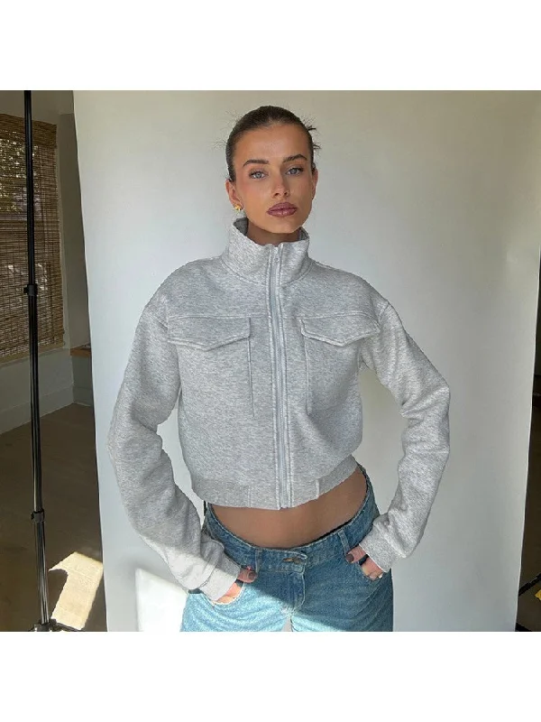 Cargo Pockets Stand Collar Cropped Jackets