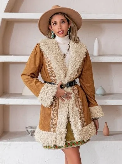 Fuzzy Open Front Long Sleeve Outerwear fur coat