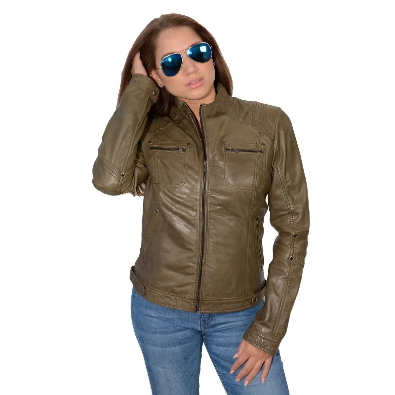 Milwaukee Leather SFL2800 Women's Racer Olive Stand Up Collar Motorcycle Fashion Leather Jacket