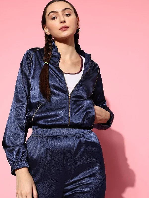 Women Navy Lycra Satin Constrast Piping Bomber Jacket