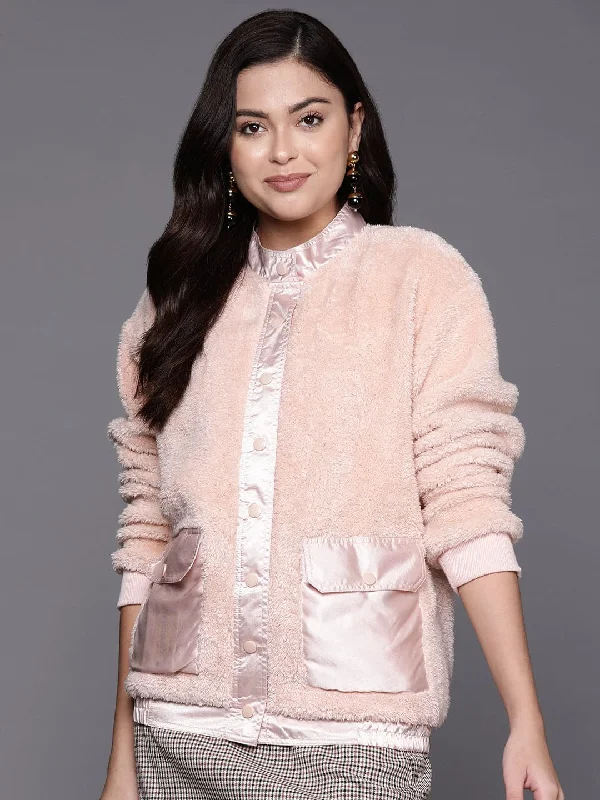 Women Pink Front Pocket Faux Fur Jacket