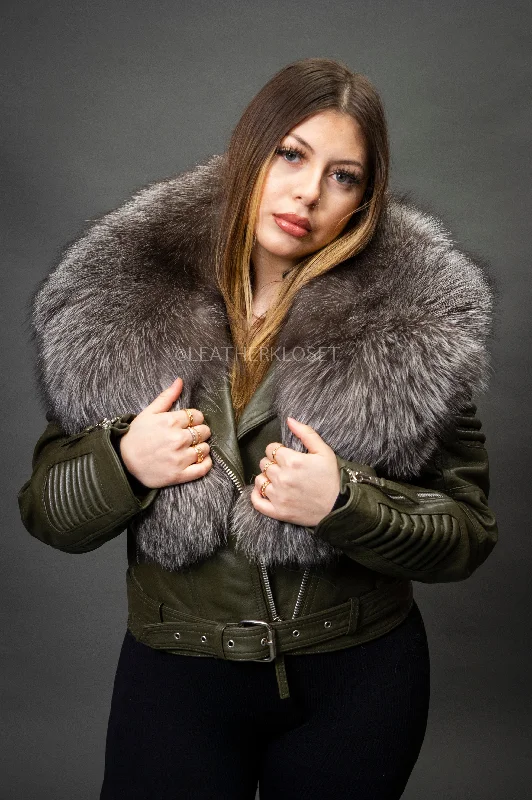 Women's Trey Biker Olive Oversized Fox Collar [Silver Fox Fur]