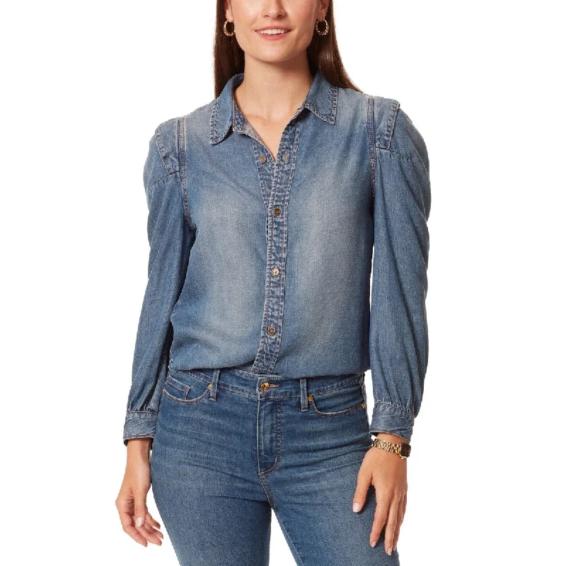 Anne Klein Women's Billie Pleat Shoulder Denim Shirt Blue Size Large