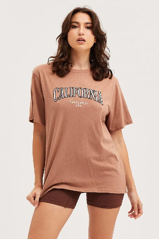 Brown Graphic T Shirt Embroided